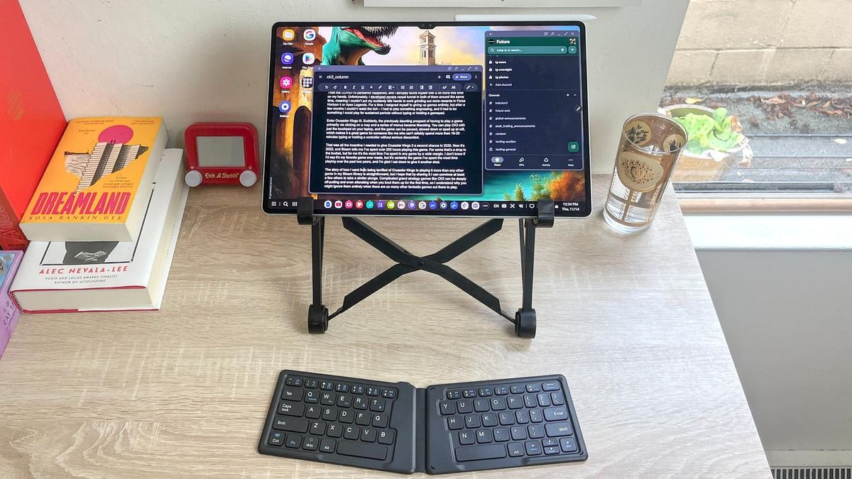 Samsung Galaxy Tab S10 Ultra on stand with keyboard 