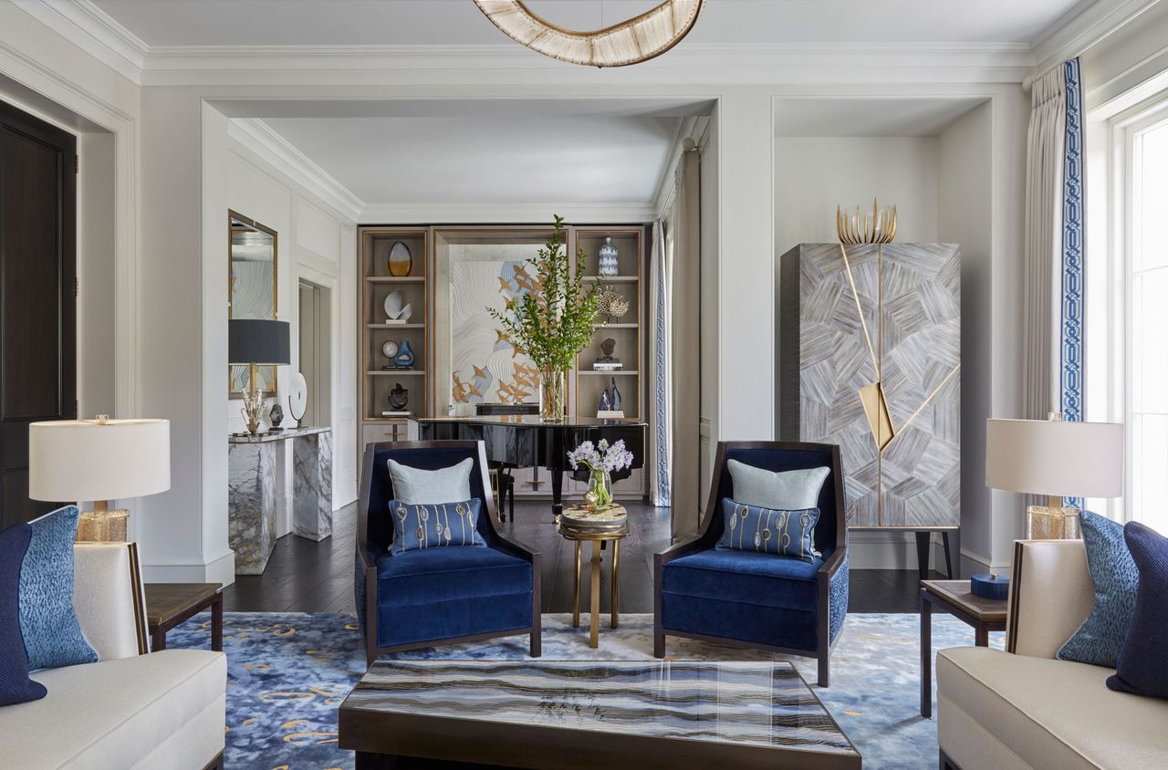 Blue, grey and golden textures on upholstery, cabinets and walls