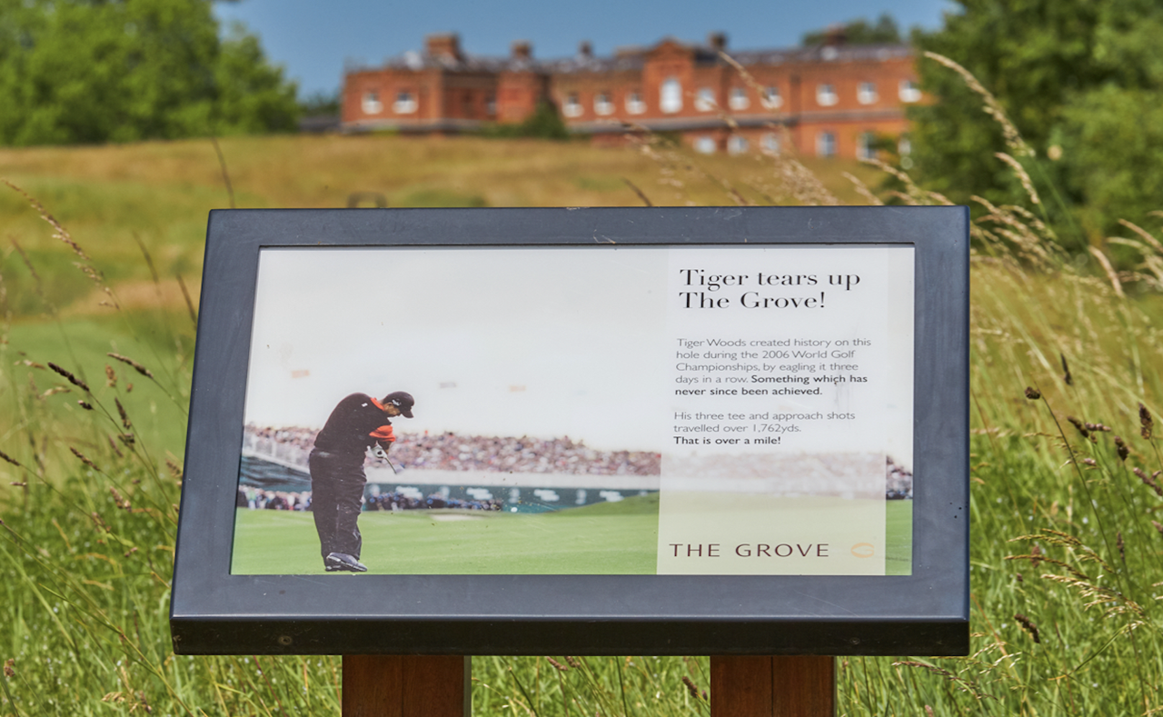 A plaque of Tiger Woods' win at The Grove