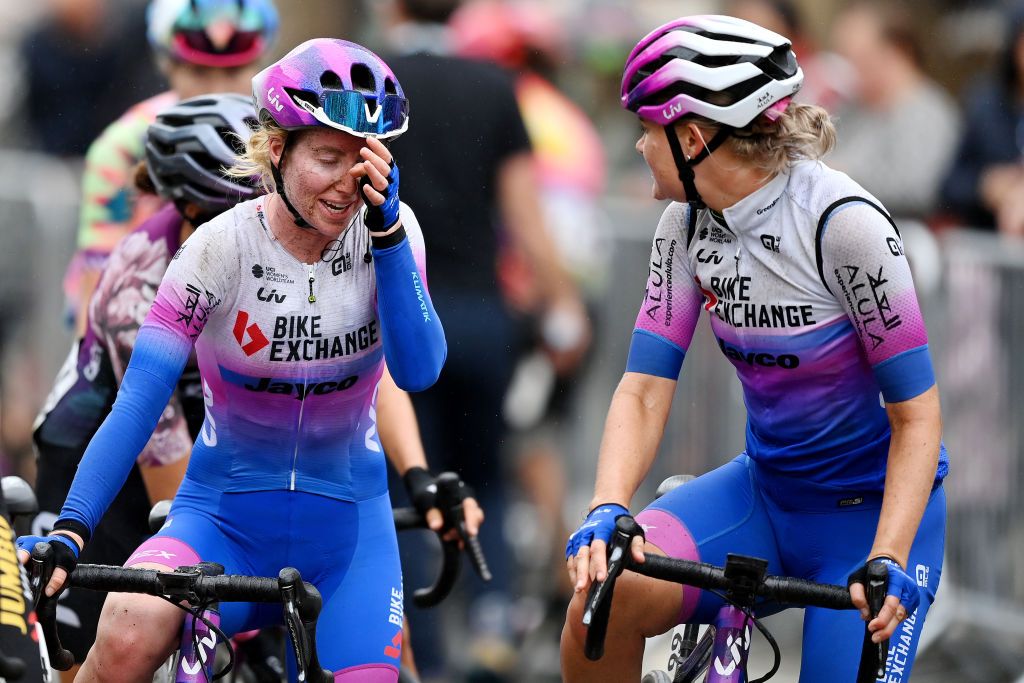 WELSHPOOL WALES JUNE 09 LR Alexandra Manly of Australia and Georgia Williams of New Zealand and Team BikeExchange Jayco covered in mud after crosses the finishing line during the 8th The Womens Tour 2022 Stage 4 a 1447km from Wrexham to Welshpool WomensTour UCIWWT on June 09 2022 in Welshpool Wales Photo by Justin SetterfieldGetty Images