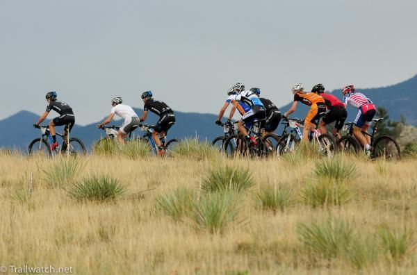 An elite group forming at the front of the race on lap one