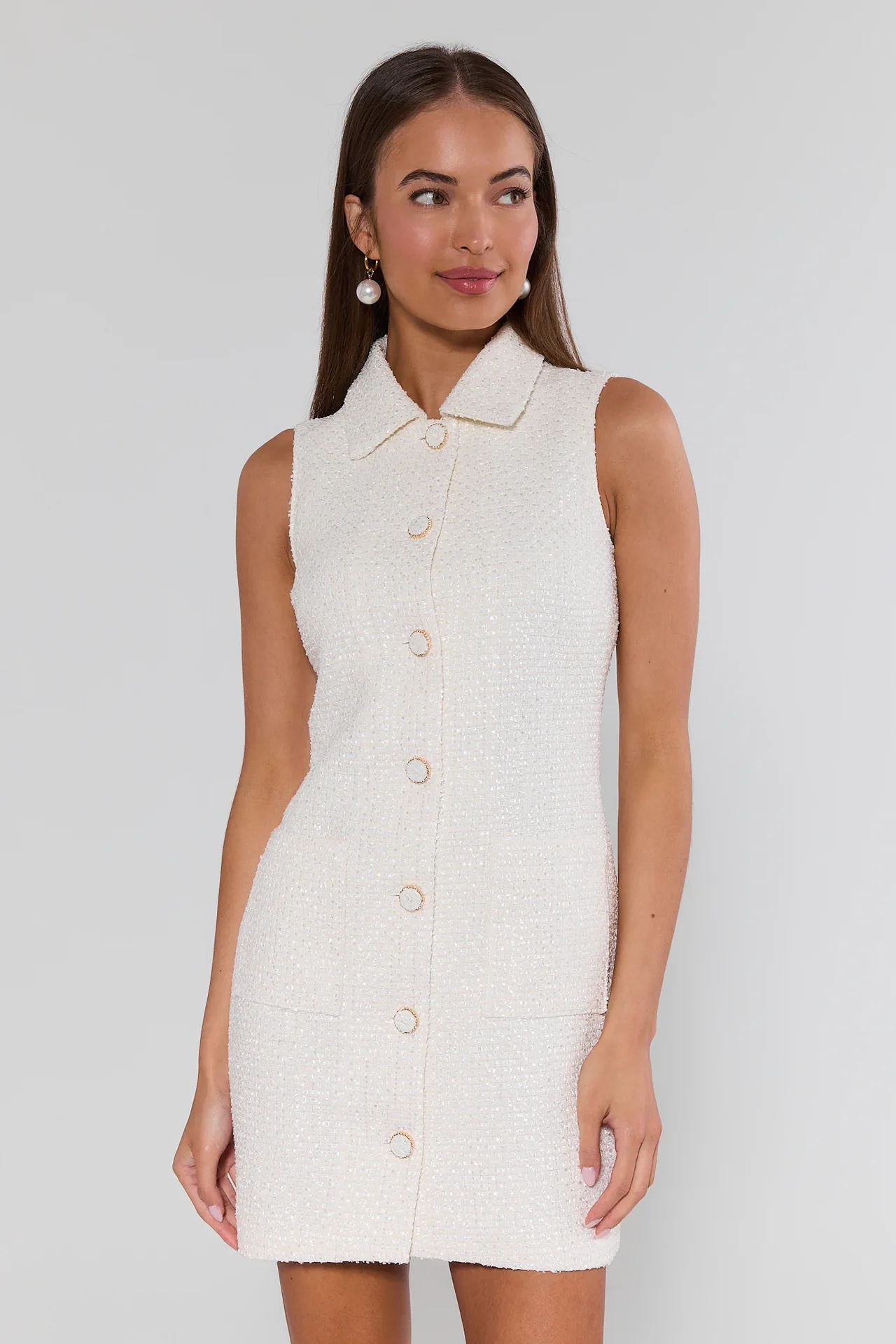 English Factory, White Tweed Button Up Dress