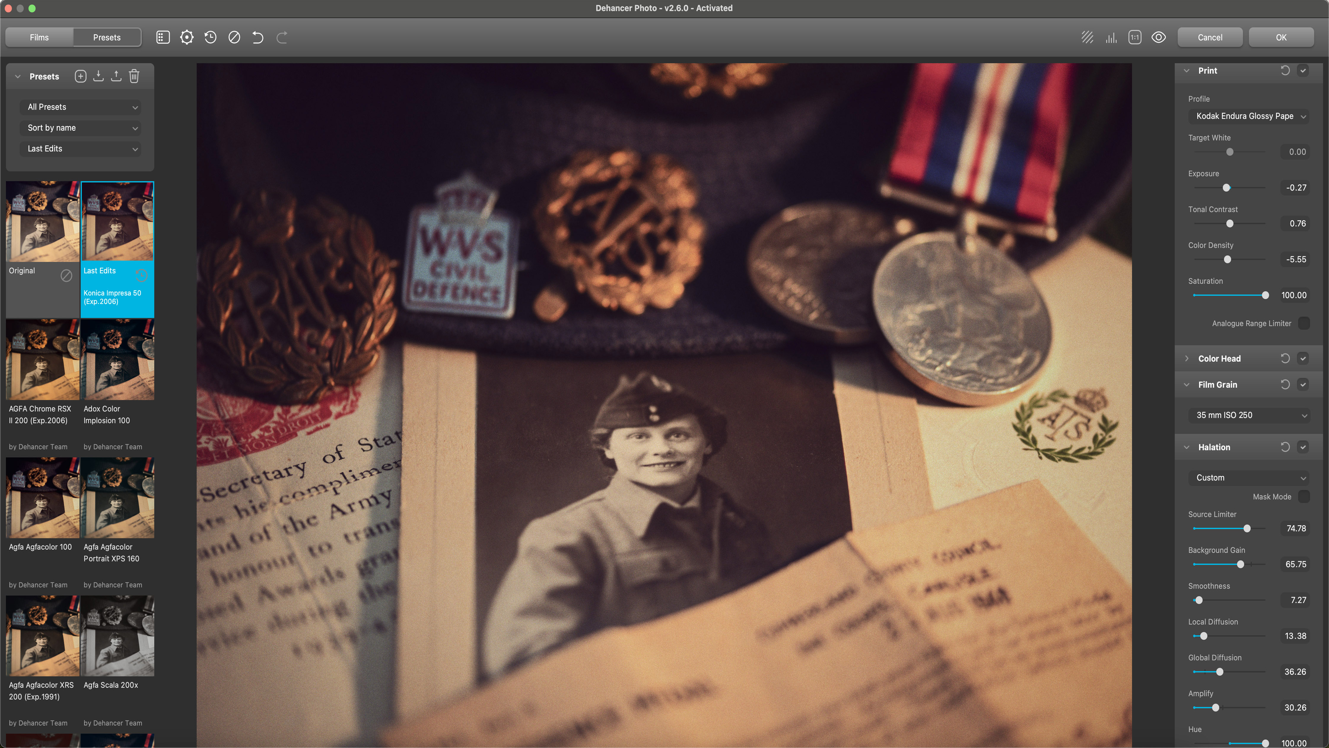 Use a Photoshop plug-in like Dehancer Film or Exposure 7 to give the image a vintage feel