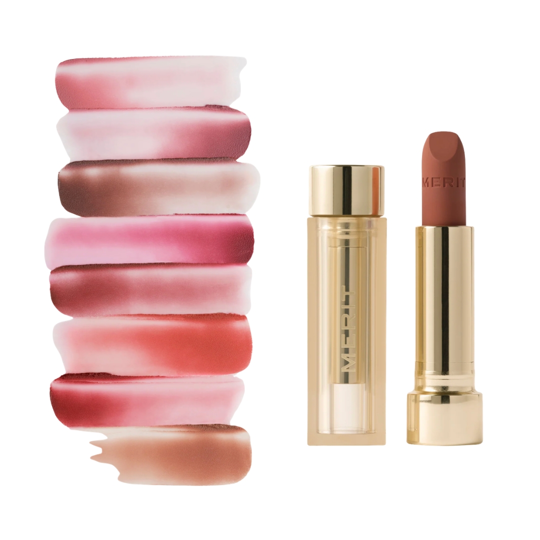 Lineup of Merit Beauty Signature Lip Blush shade swatches next to the Merit Beauty Signature Lip Blush