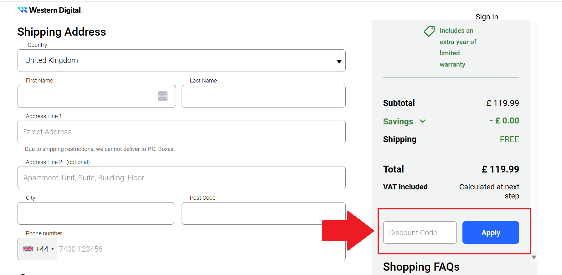 A screenshot showing the western digital checkout page and where to enter your western digital discount code