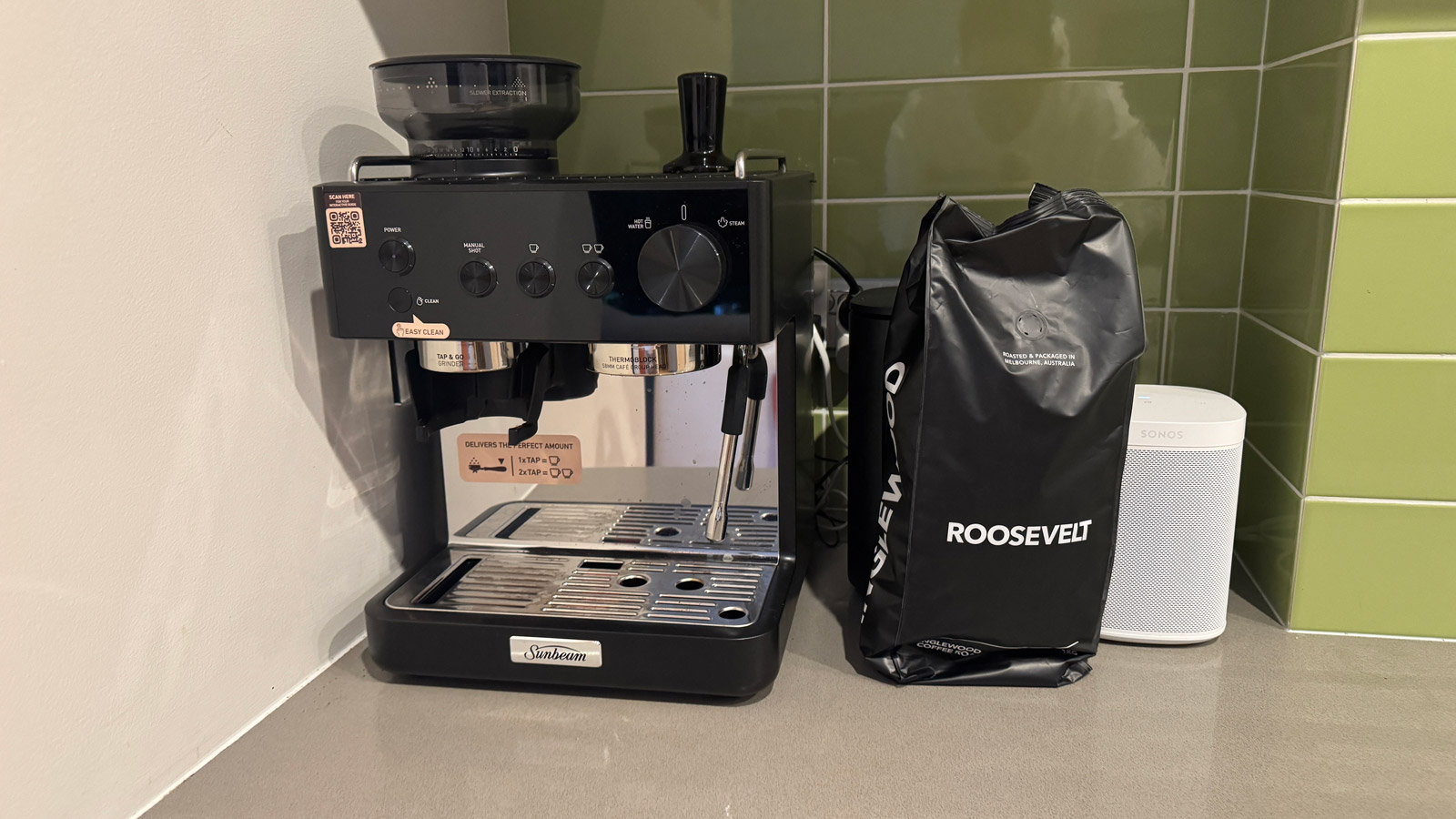 Sunbeam Origins Classic Espresso Machine on a kitchen counter