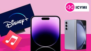 The Disney+ logo on a TV, Apple Music logo, iPhone 14 and Samsung Galaxy Z Fold 5 on a pink background