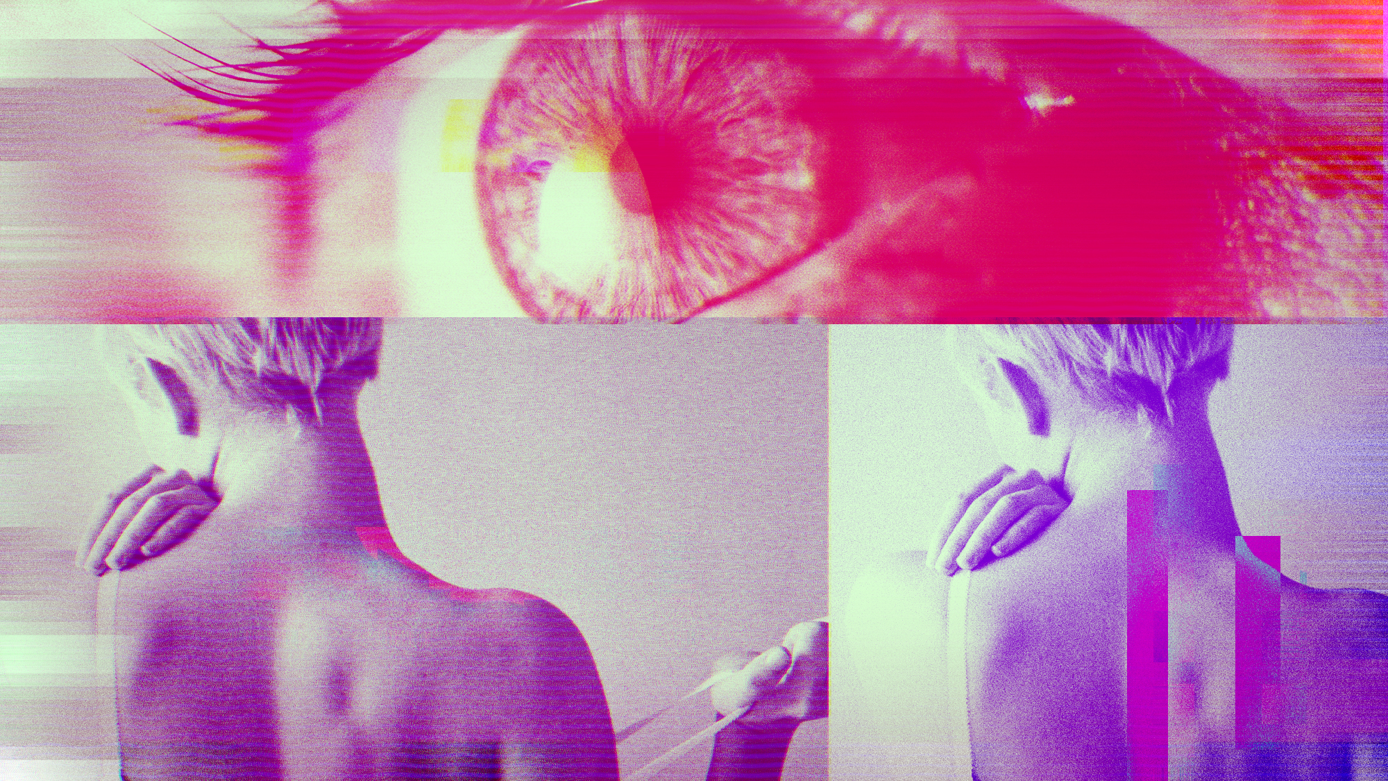 Illustration of a woman undressing and a macro image of an eyeball