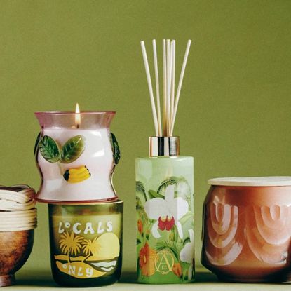 Photo of Anthropologie candles and diffusers on green background
