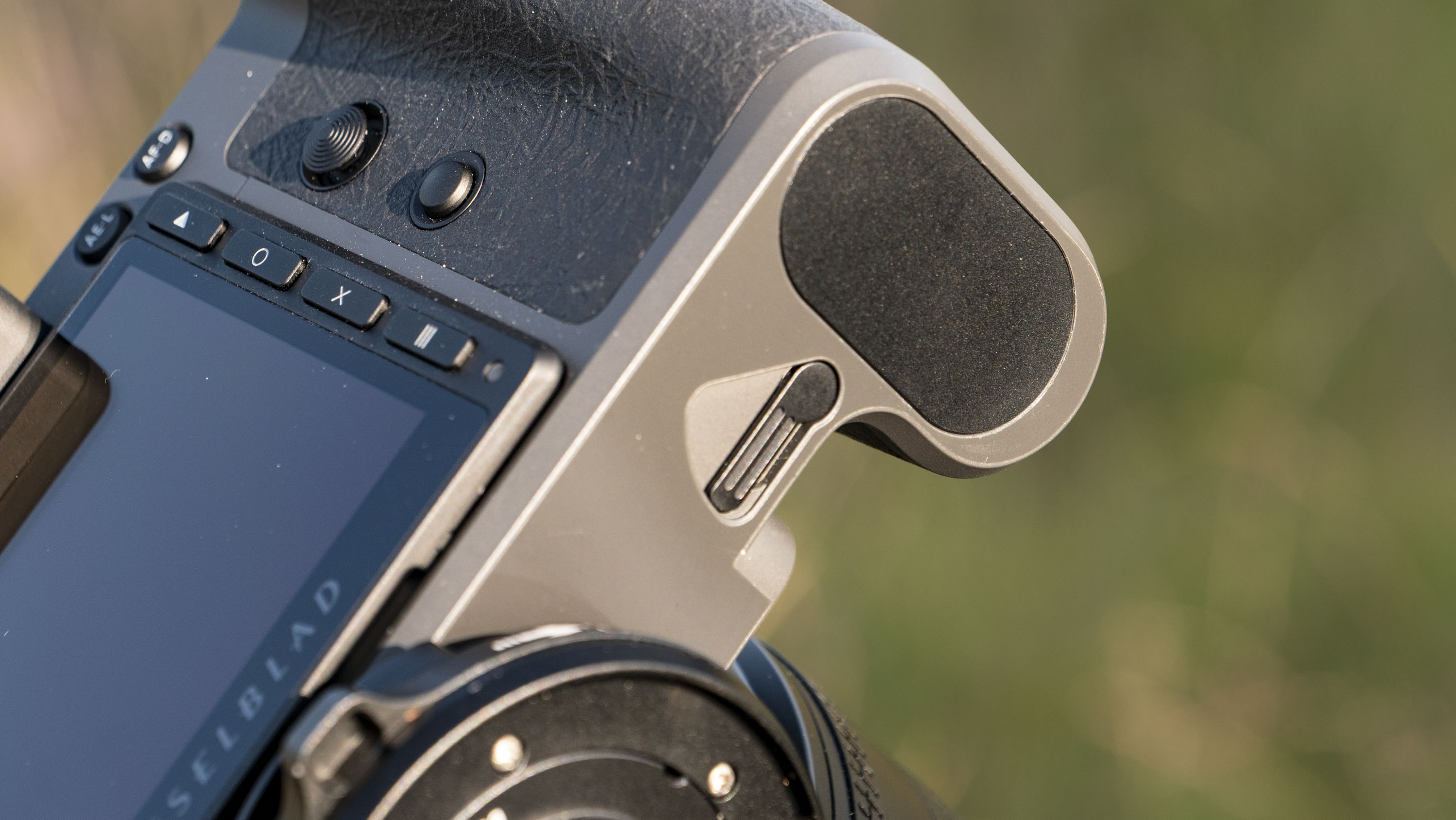 Battery door of the Hasselblad X2D II 100C camera outdoors at first light