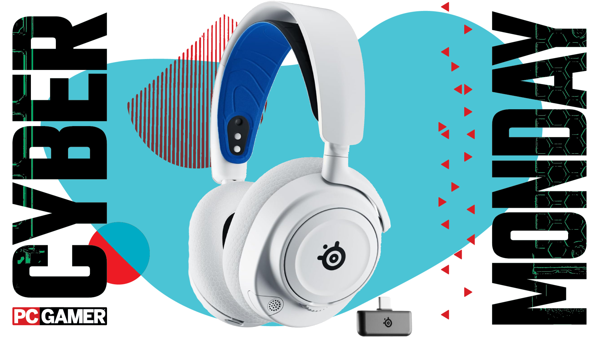 The SteelSeries Arctis Nova 7P wireless gaming headset floats alongside its 2.4GHz dongle within the funky Cyber Monday deal void.