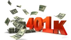 The phrase 401k in big red letters with dollar bills flying all around it.