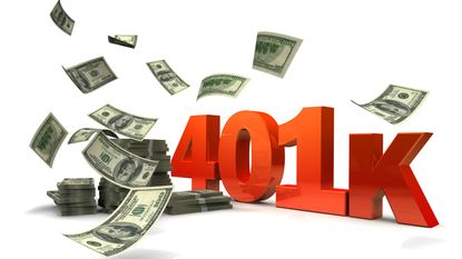 The phrase 401k in big red letters with dollar bills flying all around it.