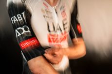 The new UAE Team Emirates 2025 kit, which is a white jersey with black arms and accents