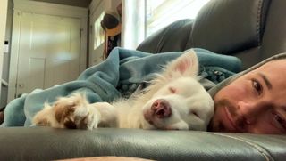 deaf and blind dog Plum curled up with her owner on couch