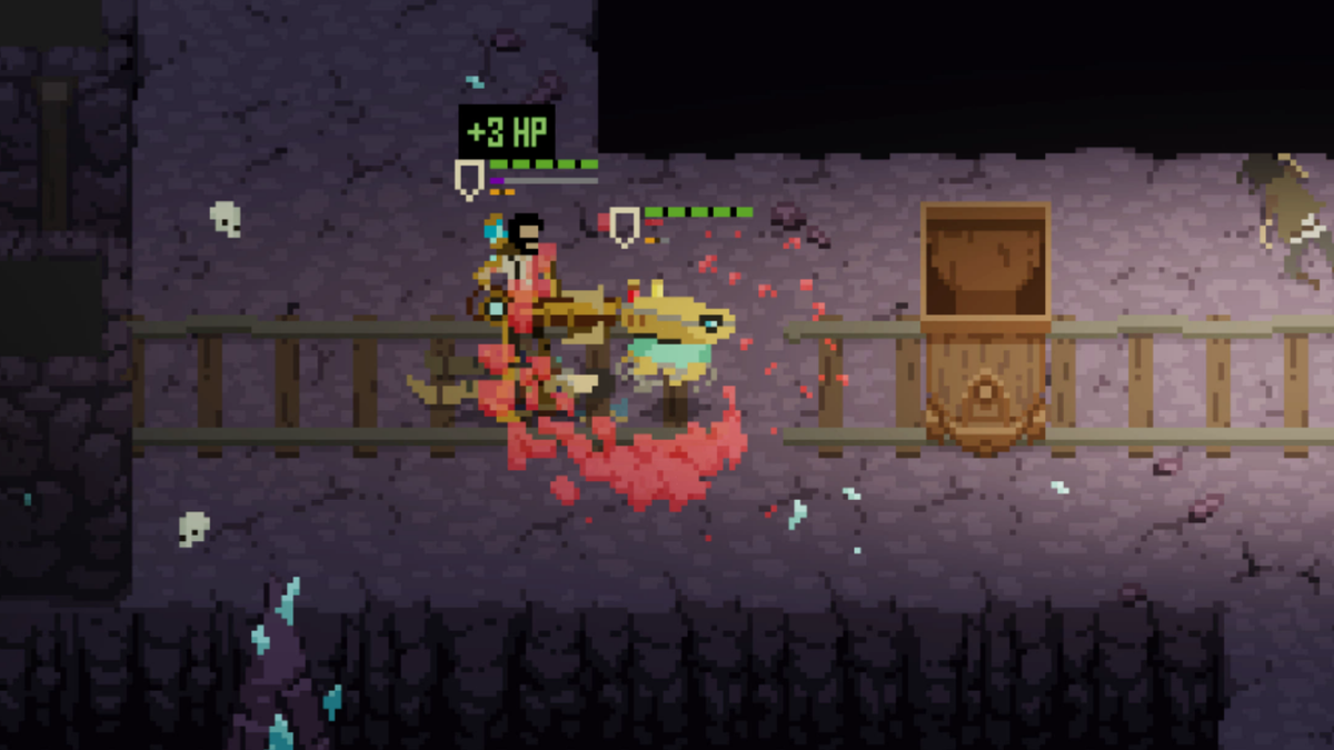 Image from videogame Shardpunk Verminfall. Pixelated heroes battle with humanoid rats.
