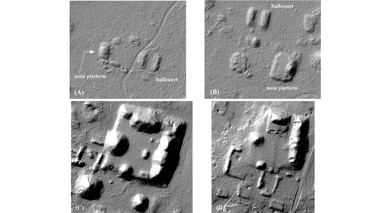Lidar images of Middle Preclassic civic structures, including (A) Paso del Macho and (B) another Puuc site with ballcourts, (C) the Yaxhom acropolis and (D) Muluchtzekel acropolis.