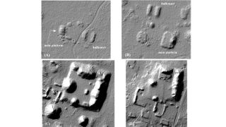 Lidar images of Middle Preclassic civic structures, including (A) Paso del Macho and (B) another Puuc site with ballcourts, (C) the Yaxhom acropolis and (D) Muluchtzekel acropolis.