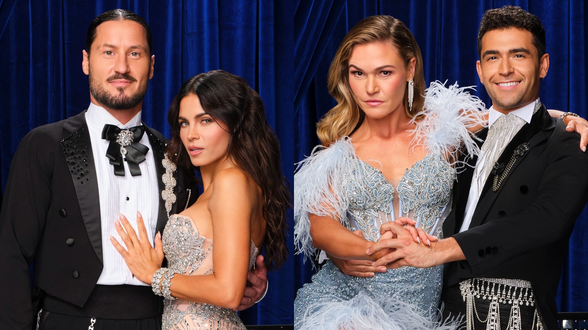 From left to right: Val Chmerkovskiy and Jenna Dewan posing together and Julia Stiles and Ezra Sosa posing together for DWTS.