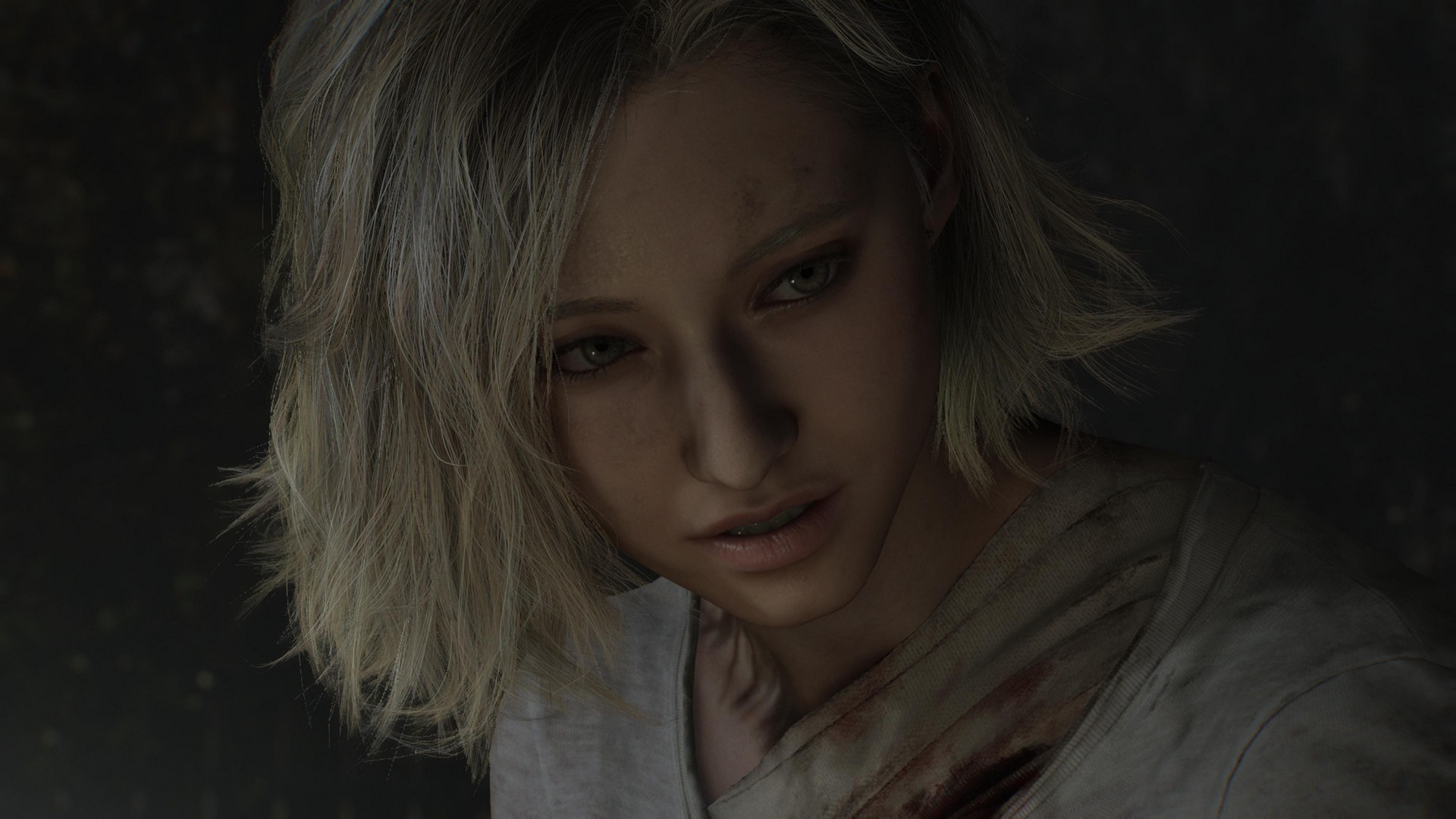 A close-up of Grace looking bruised in Resident Evil Requiem