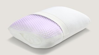 The new Purple GridCloud white and purple pillow against a cream background