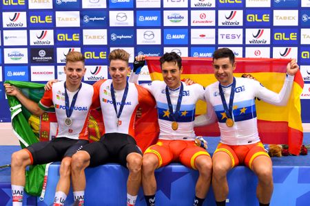 2020 UEC Track European Championships Plovdiv 5th Day 15112020 Madison Men Sebastian Mora Spain Albert Torres Spain Ivo Oliveira Portugal Rui Oliveira Portugal photo Dario BelingheriBettiniPhoto2020