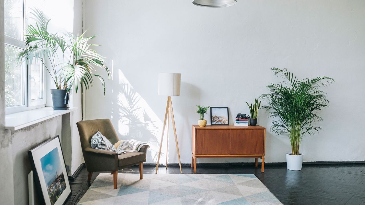 Small modern apartment with console, fabric armchair and large gray area rug