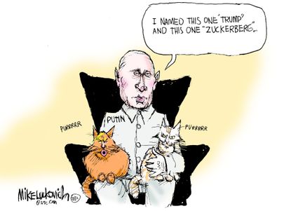 Political cartoon U.S. Vladimir Putin Russia Mark Zuckerberg Trump cats