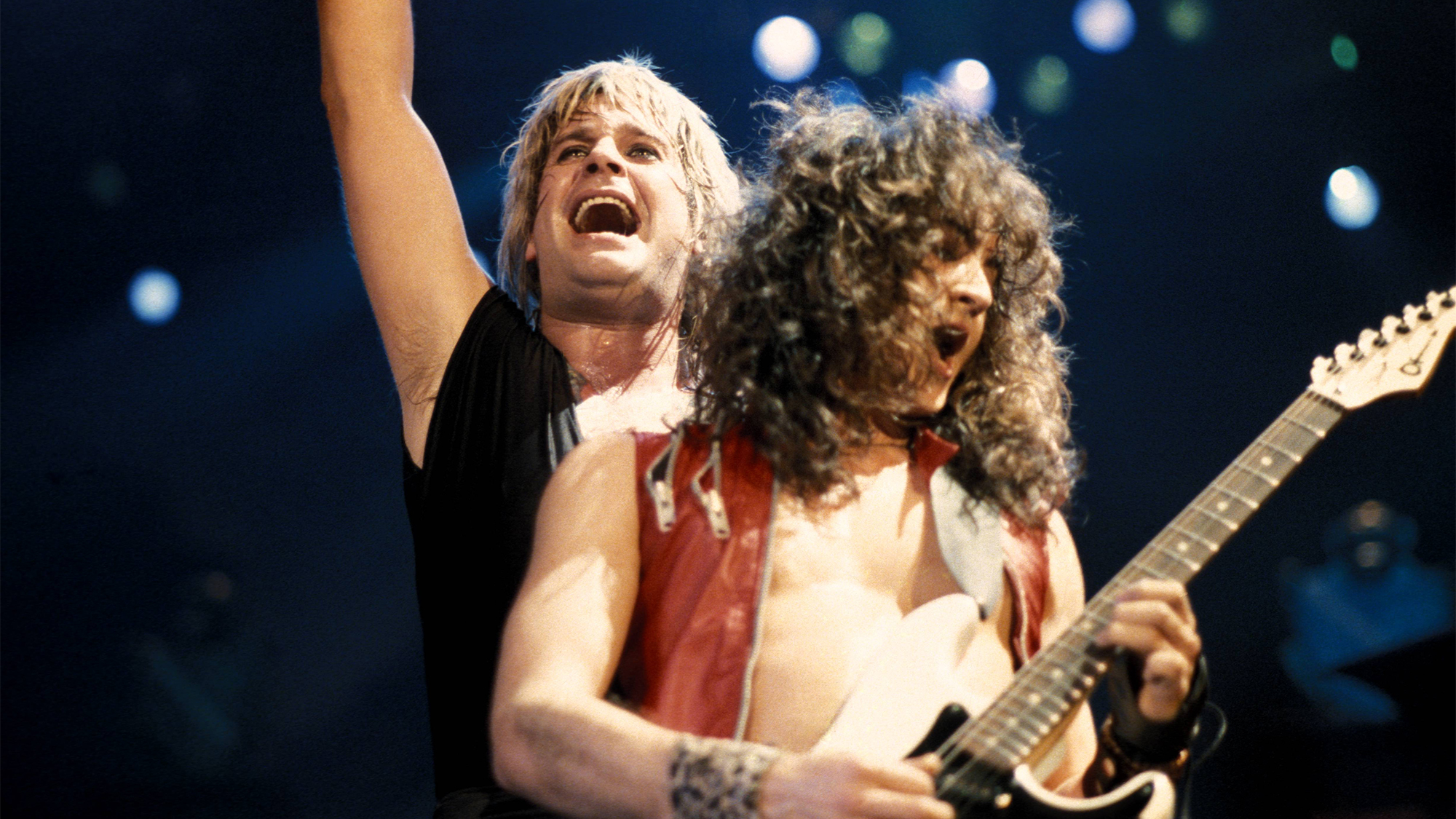 Ozzy Osbourne and Jake E. Lee perform onstage, 01 March, 1984