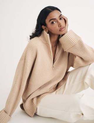 Beige Knitted Oversized Half Zip Jumper