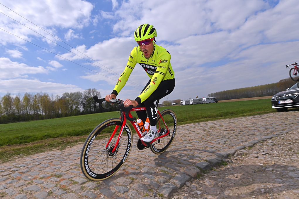 John Degenkolb mugs for the cameras while previewing the Roubaix cobbles