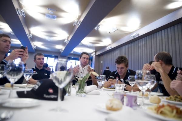 The riders tuck into lunch