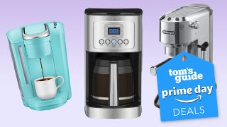 A selection of coffee makers on a purple background. A tag in the bottom left corner reads 'Tom's Guide Prime Day deals'