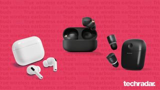 best true wireless earbuds including airpods pro, sony wf-1000xm4, and cambridge audio melomania 1 plus on a red background.