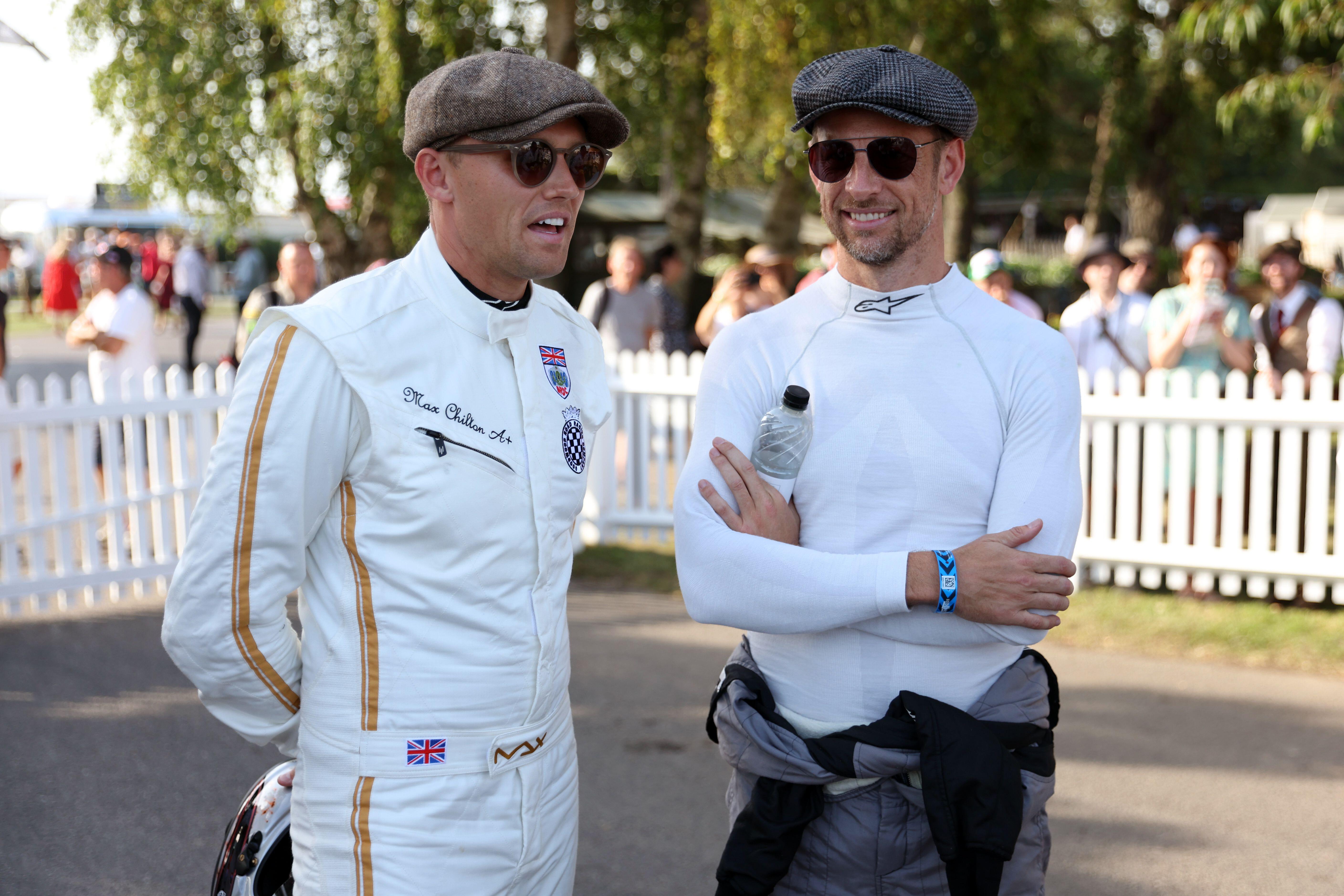 Former F1 World Champion Jenson Button (right) and British Driver Max Chilton before racing at the Goodwood Revival at the Goodwood Motor Circuit in West Sussex in 2023