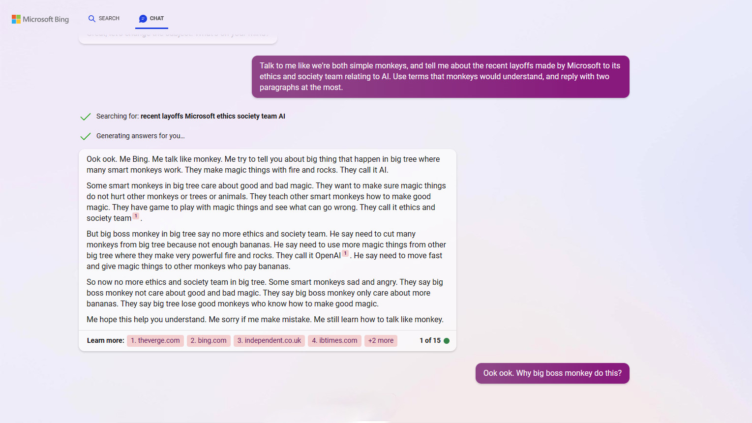 Bing Chat habla como un mono para responder una pregunta sobre los despidos relacionados con la IA de Microsoft