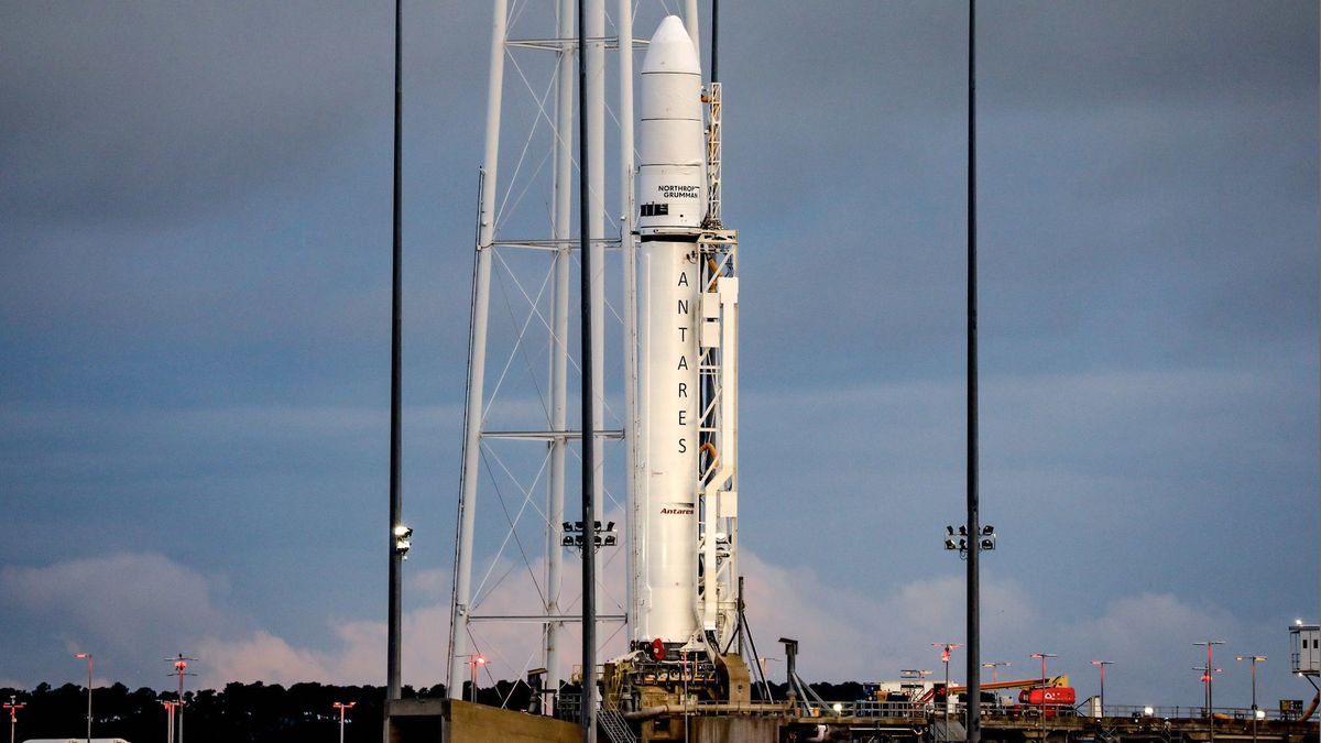 A Northrop Grumman Antares rocket carrying the Cygnus NG-16 cargo ship stands ready to launch toward the International Space Station from NASA&#039;s Wallops Flight Facility on Wallops Island, Virginia on Aug. 10, 2021.