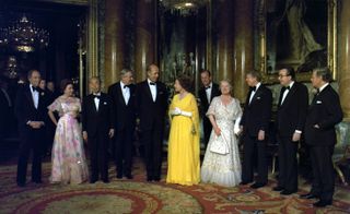 Pierre Trudeau, Princess Margaret, Takeo Fukuda, James Callaghan, Valery Giscard d'Estaing, Queen Elizabeth II, Prince Philip, Queen Elizabeth The Queen Mother, Jimmy Carter, Giulio Andreotti, and Helmut Schmidt in London in 1977