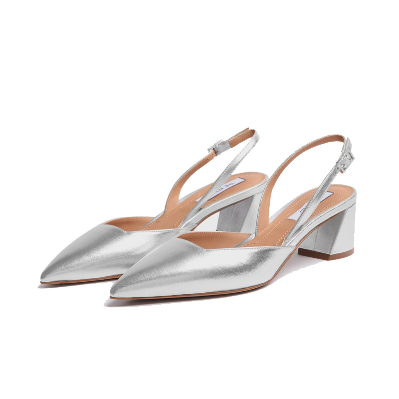Silver low block heels, The Fold