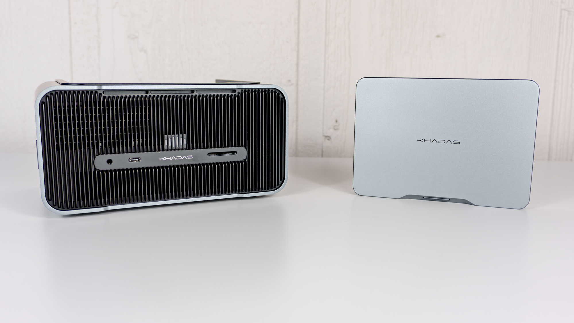 The Mind Graphics 2 eGPU dock next to the Khadas Mind 2S mini PC on a table