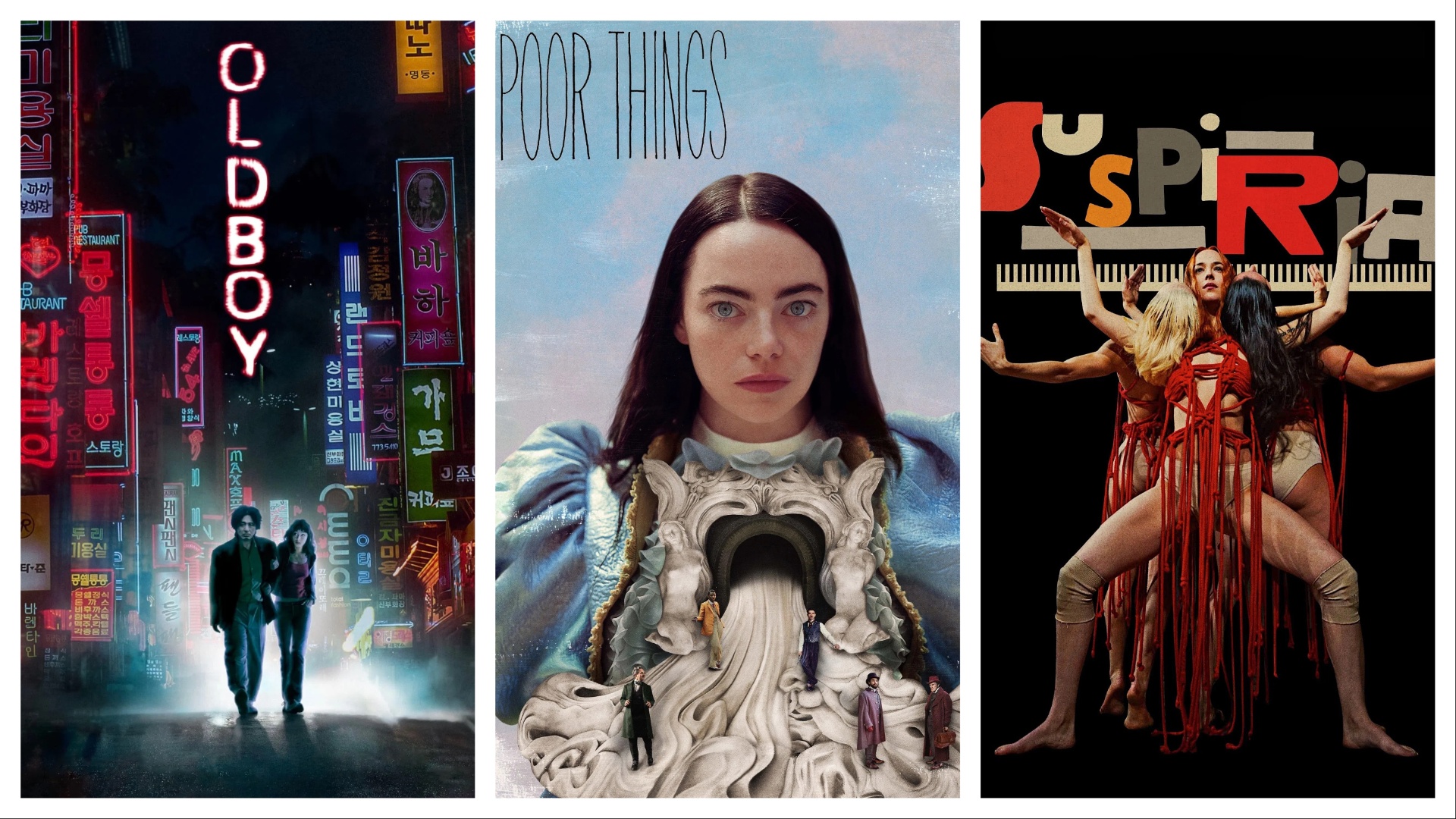 Three film posters, from left to right: Oldboy, Poor Things and Suspiria