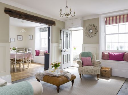 open plan living space with view to kitchen diner in Georgian cottage