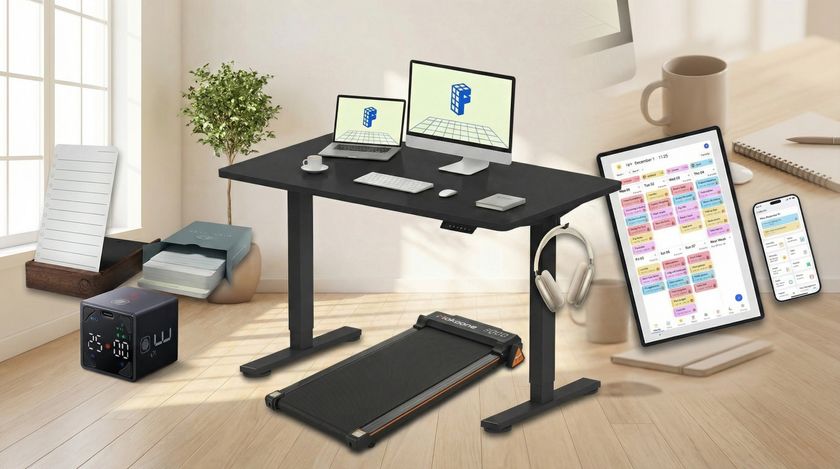 productivity items on an office themed background