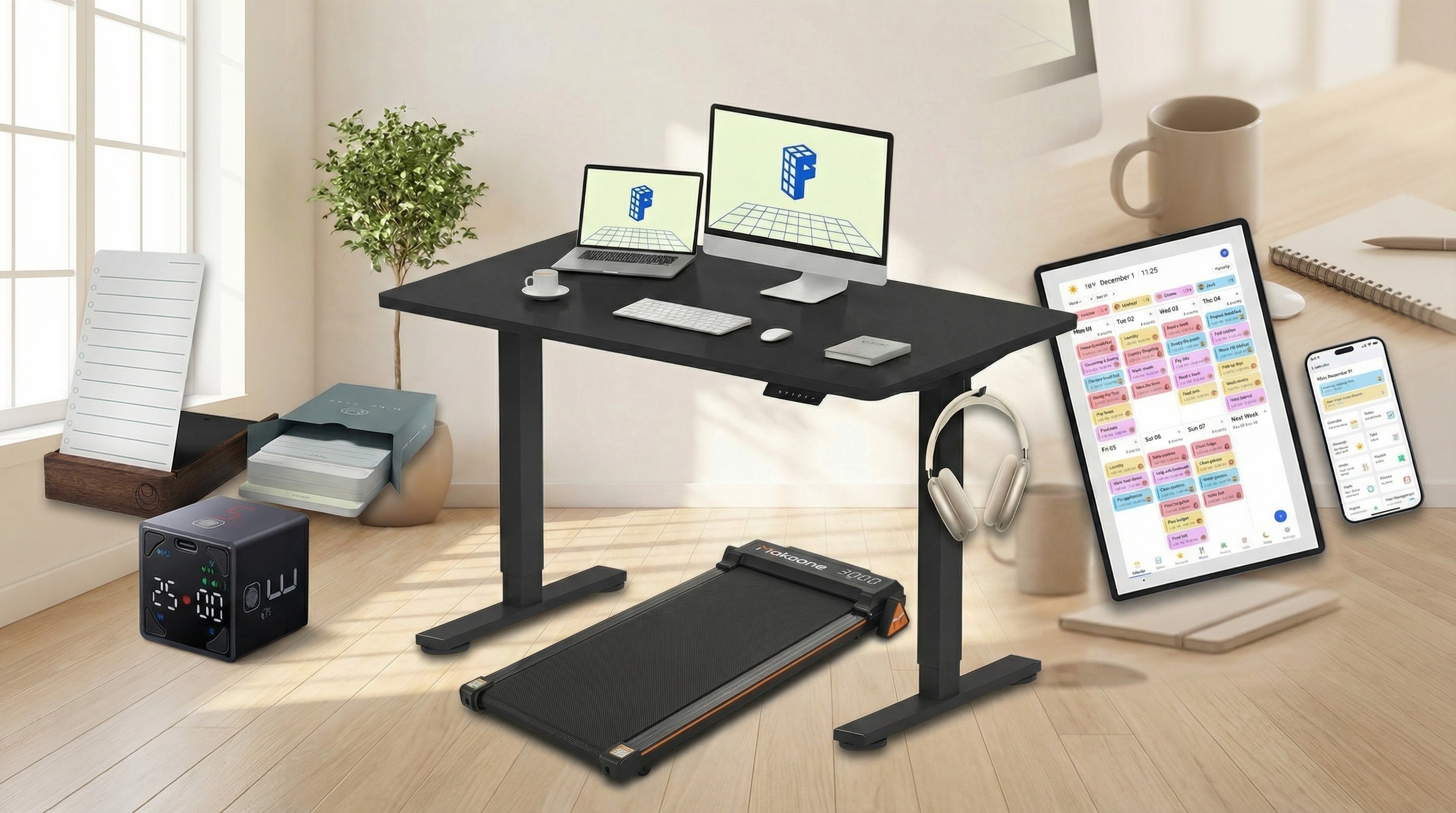 productivity items on an office themed background