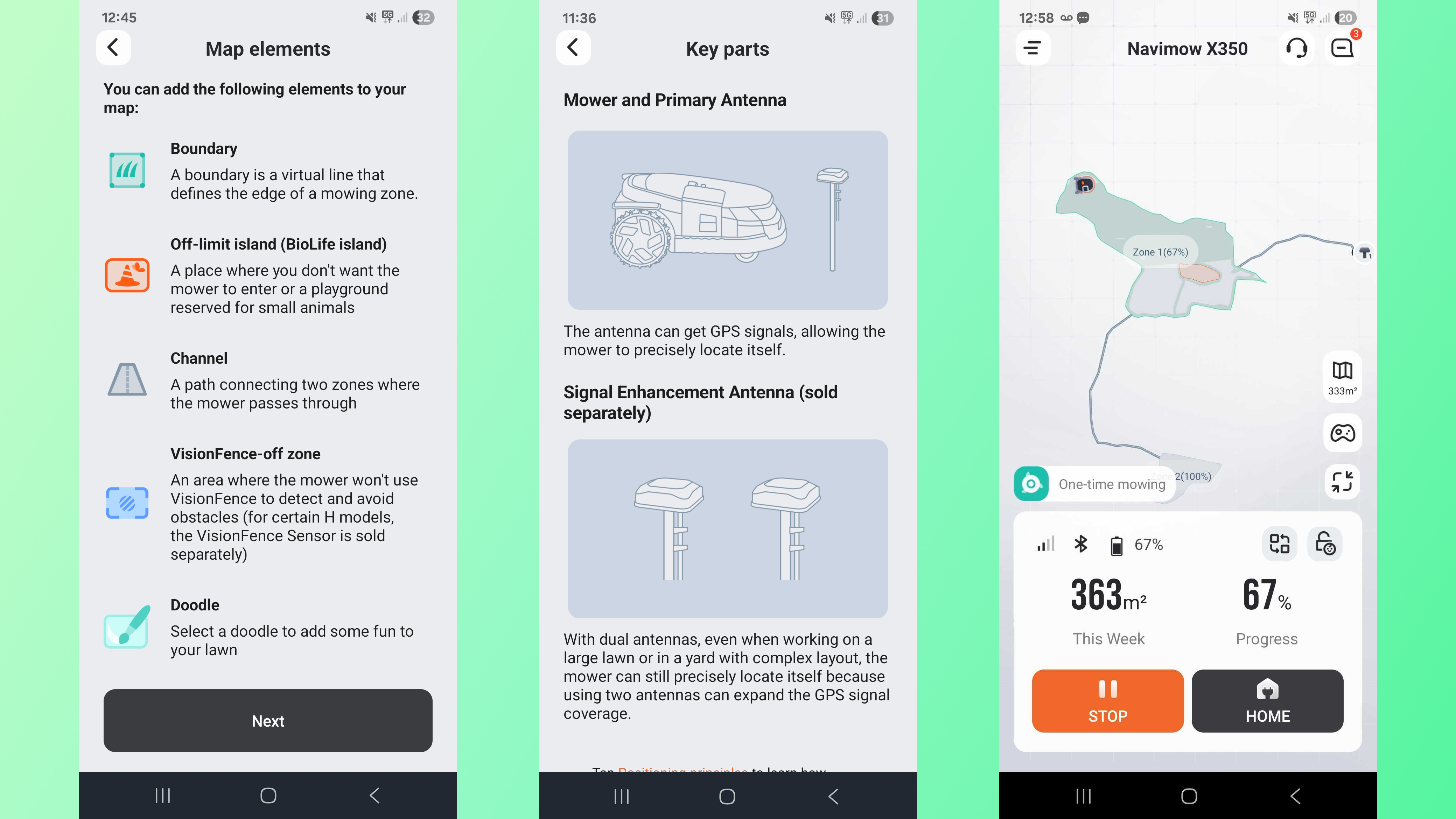 Screenshots from Segway Navimow app