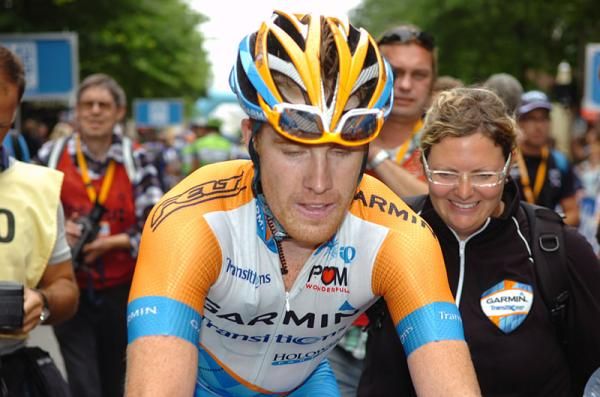 Race winner Tyler Farrar (Garmin - Transitions) makes his way to the podium.