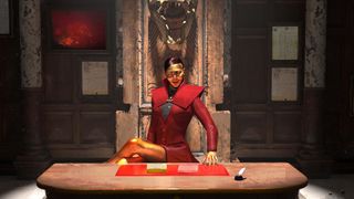 A gold-skinned figure sits behind a desk in a foreboding office in Thousand Hells: The Underworld Heists.