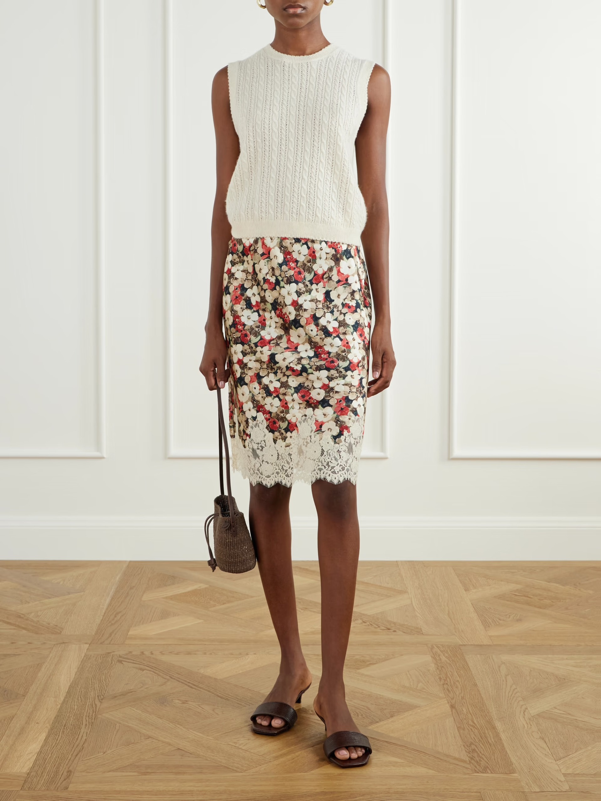 Doen, Elowette floral-print lace-trimmed silk-satin midi skirt