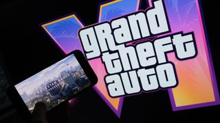 Rockstar Games' Grand Theft Auto VI trailer played on a screen in front of the game title.
