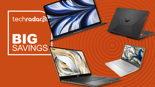 A range of laptops from Apple, Dell, Asus and HP on an orange background